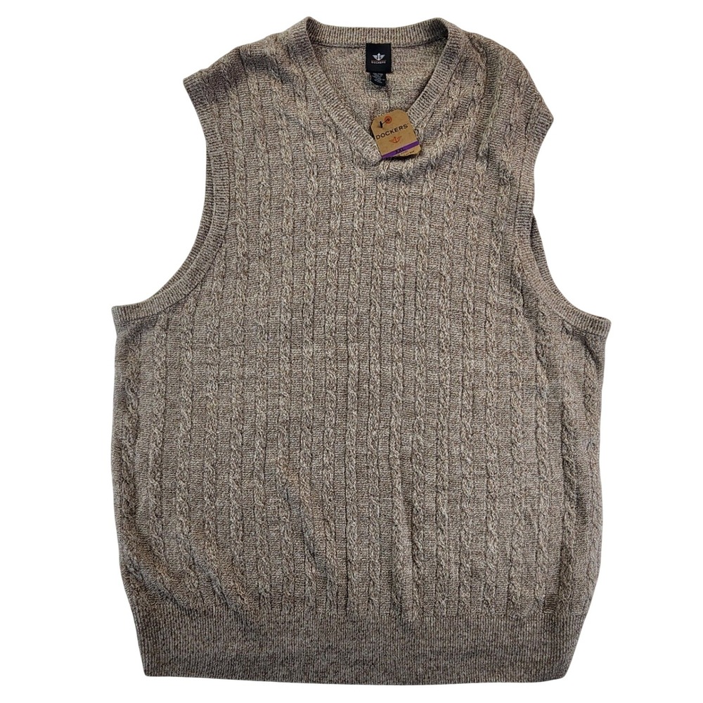 Dockers Mens XXL Tan Cable Knit V-Neck Sweater Vest Grandpa Preppy Academic NEW